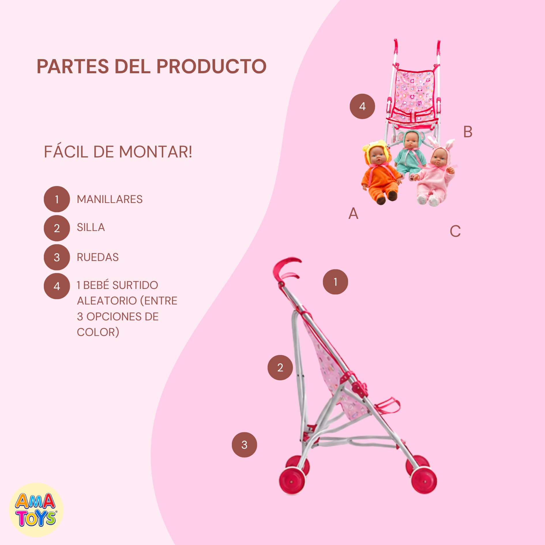 Sillita de Paseo para Muñecas - AMATOYS - Carrito Juguete Plegable - Pack 2 en 1 con Bebé Muñeco - Juego de Imitación y Paseo para Niñas y Niños (Carrito Pink_Bebe Color)