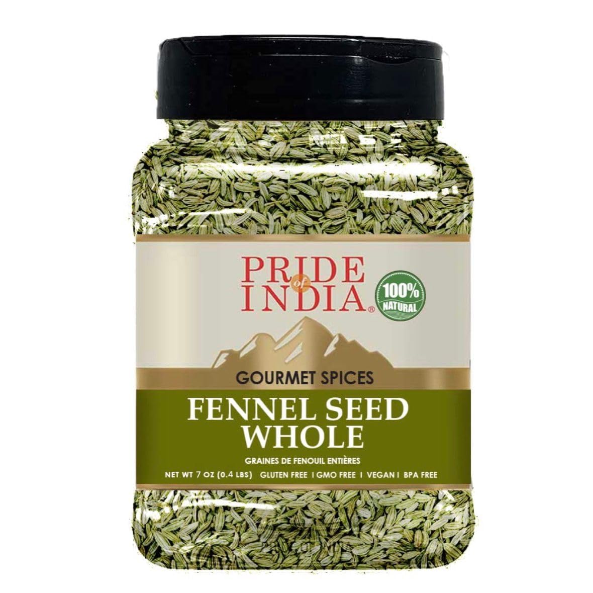 Pride of India – Fennel Seed Whole – Gourmet Spice – Fresh & Aromatic – Mouth Freshener – GMO/Gluten Free – Flavoring for bakes, meat & more – Easy to Use – 7 oz. Medium Dual Sifter Jar