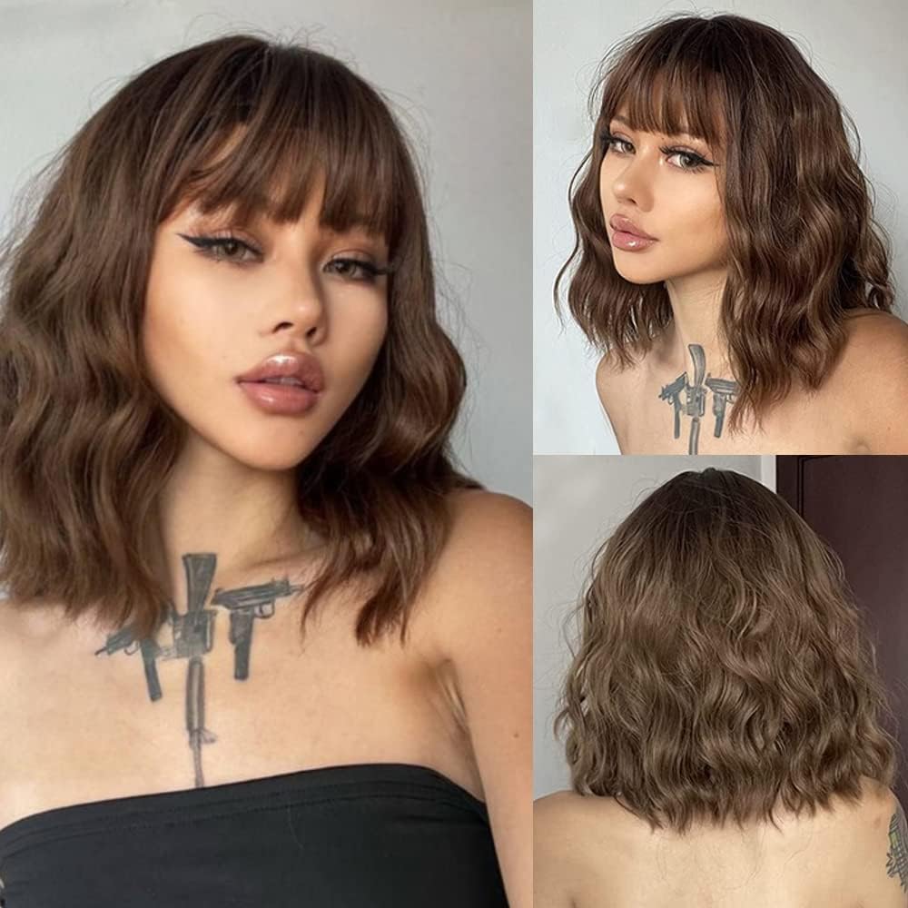 si fi Brown Bob Wigs Wavy Bob Wigs with Bangs for Women Brown Short