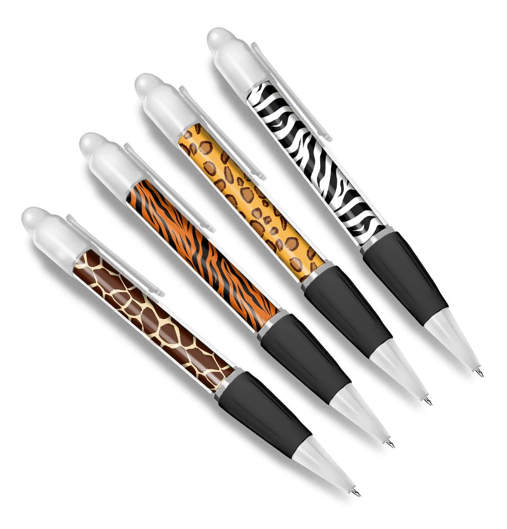 Set of 4 Animal Print White Ballpoint Pens - Giraffe Zebra Tiger Wild Safari Friends Boys Girls Men Women Theme Pen #79343