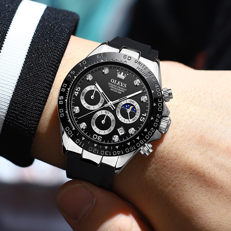 Image of OLEVS Watches for Men Business Diamond Moon Phase Male Watch Chronograph Fashion Dress Waterproof Date Analog Quartz Waterproof SiliconeMen Wrist Watch