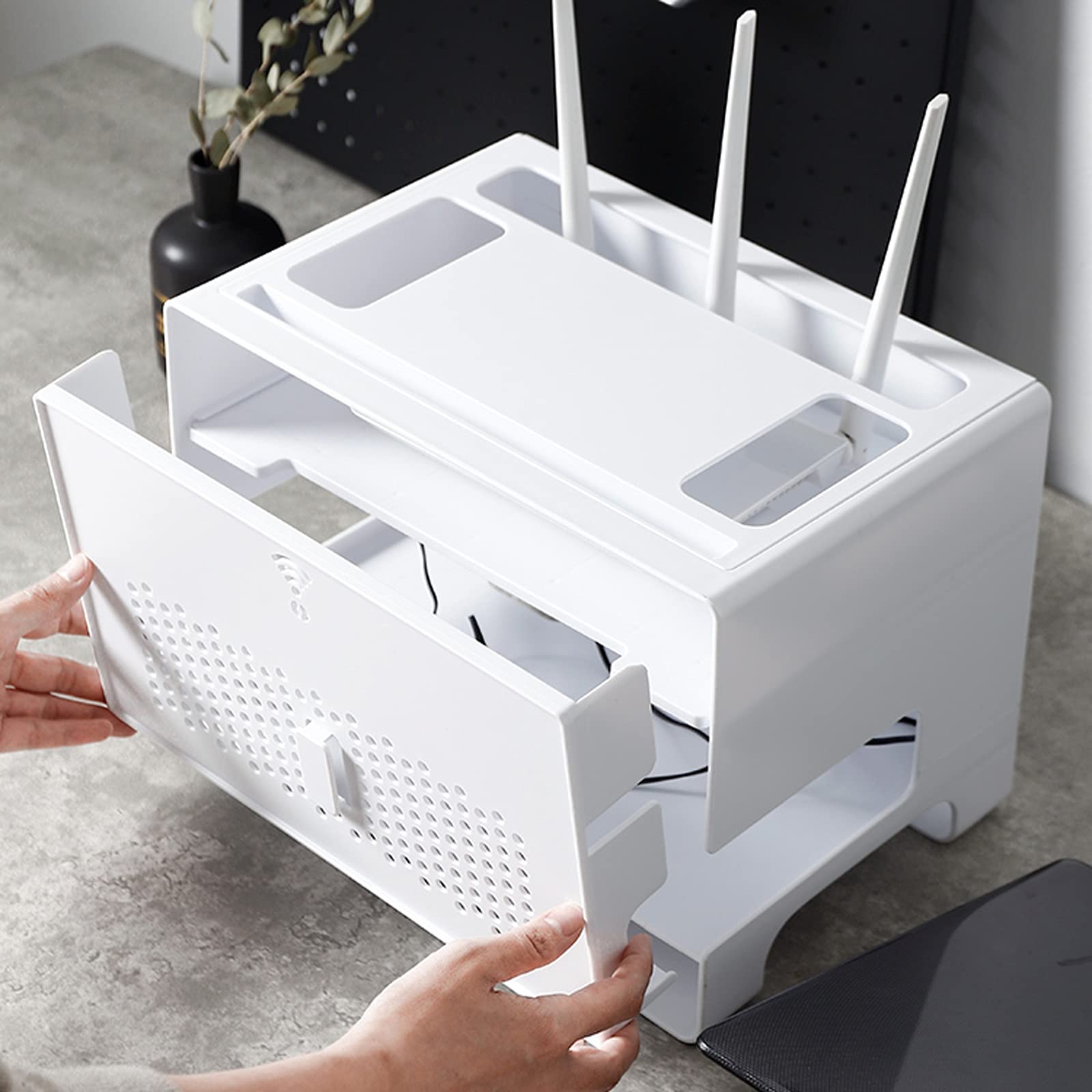 Kabelmanagementbox Multifunktionale Aufbewahrungsbox für drahtlose Router Große Kabelmanagementbox mit Abdeckung Abnehmbare Aufbewahrungsbox für Steckdosenleisten für das Heimbüro, Weiß/Grau Netzkab