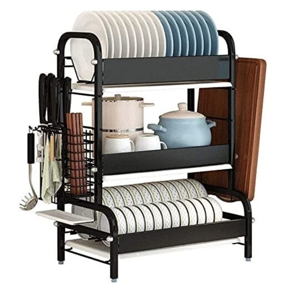 Azhkjkzh Black Dish Rack 3-Layer Dish Rack With Drain Tray Stainless Steel Kitchen Drainers For Drying Dishes Storage For Small Kitchen