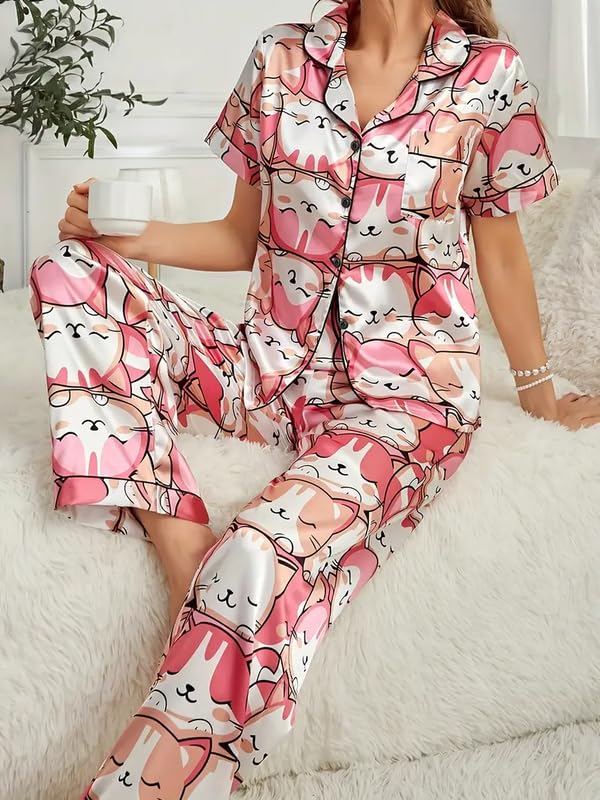 Image of Night Suit for Women with Full Sleeve Button-Down Top with Pant Dress for Woman, Night Dress for Woman, Cotton Two-Piece Loungewear Set
