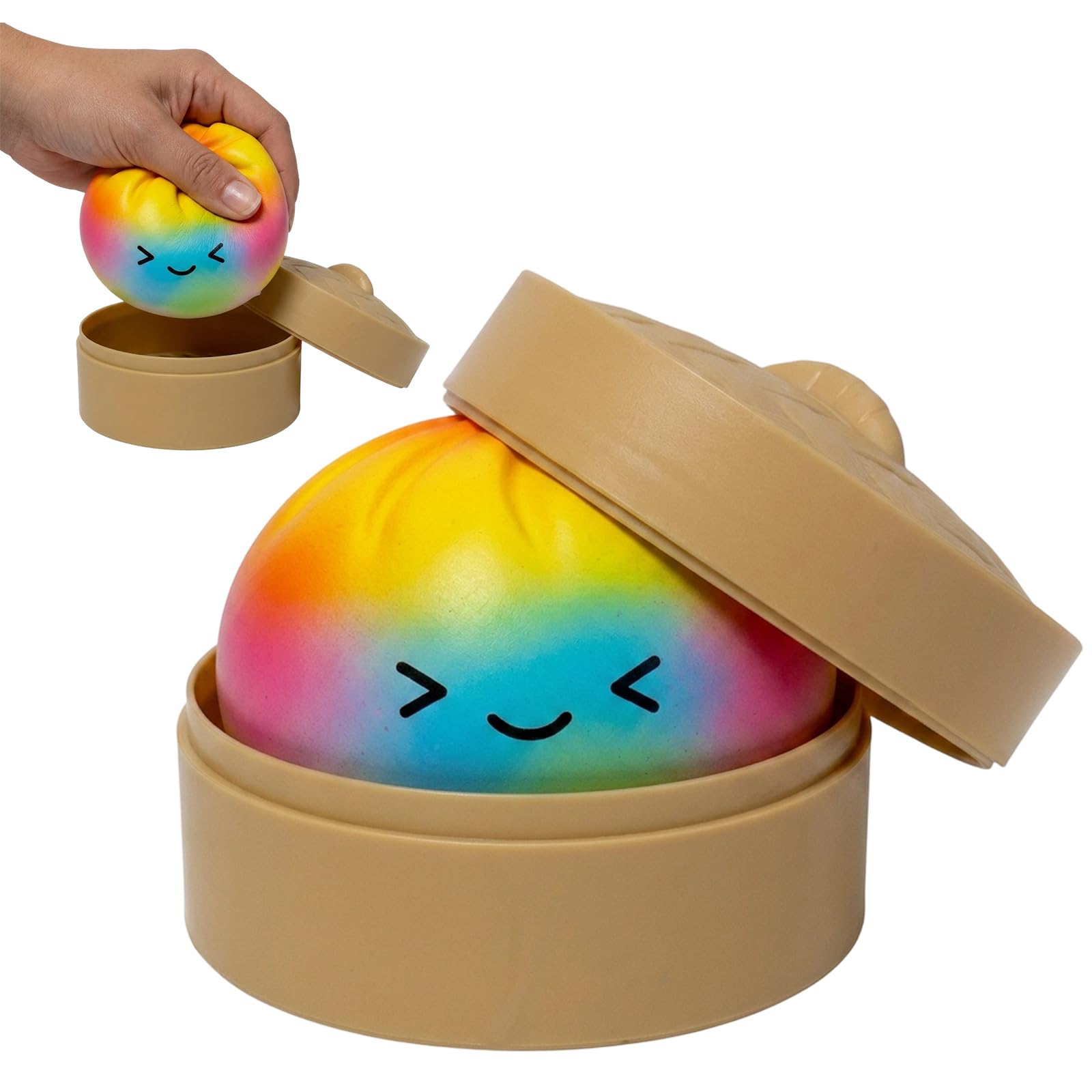 Rainbow Dumpling Squishy with Steamer Box, Exquisite Desk Ornament for Daily Decor, Office Desktop Decoration for Adults, Portable Squishy Dumpling Toy with Glitter Design