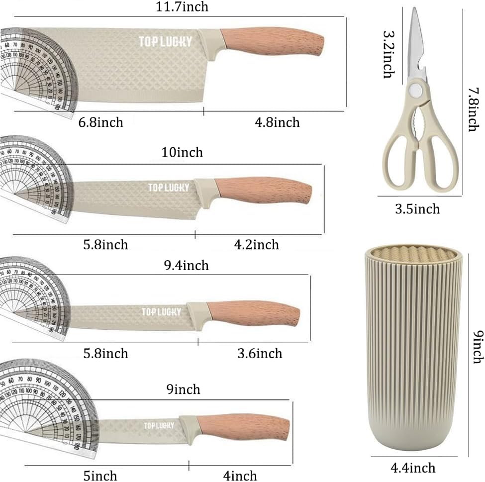 Image of Knife Set, 6-Piece Khaki Kitchen Knife Set for Home, Anti-Rust Non-Stick Stainless Steel Sharp Chef Knife Sets with Universal Knife Block for Kitchen, Ergonomical Design (Khaki)