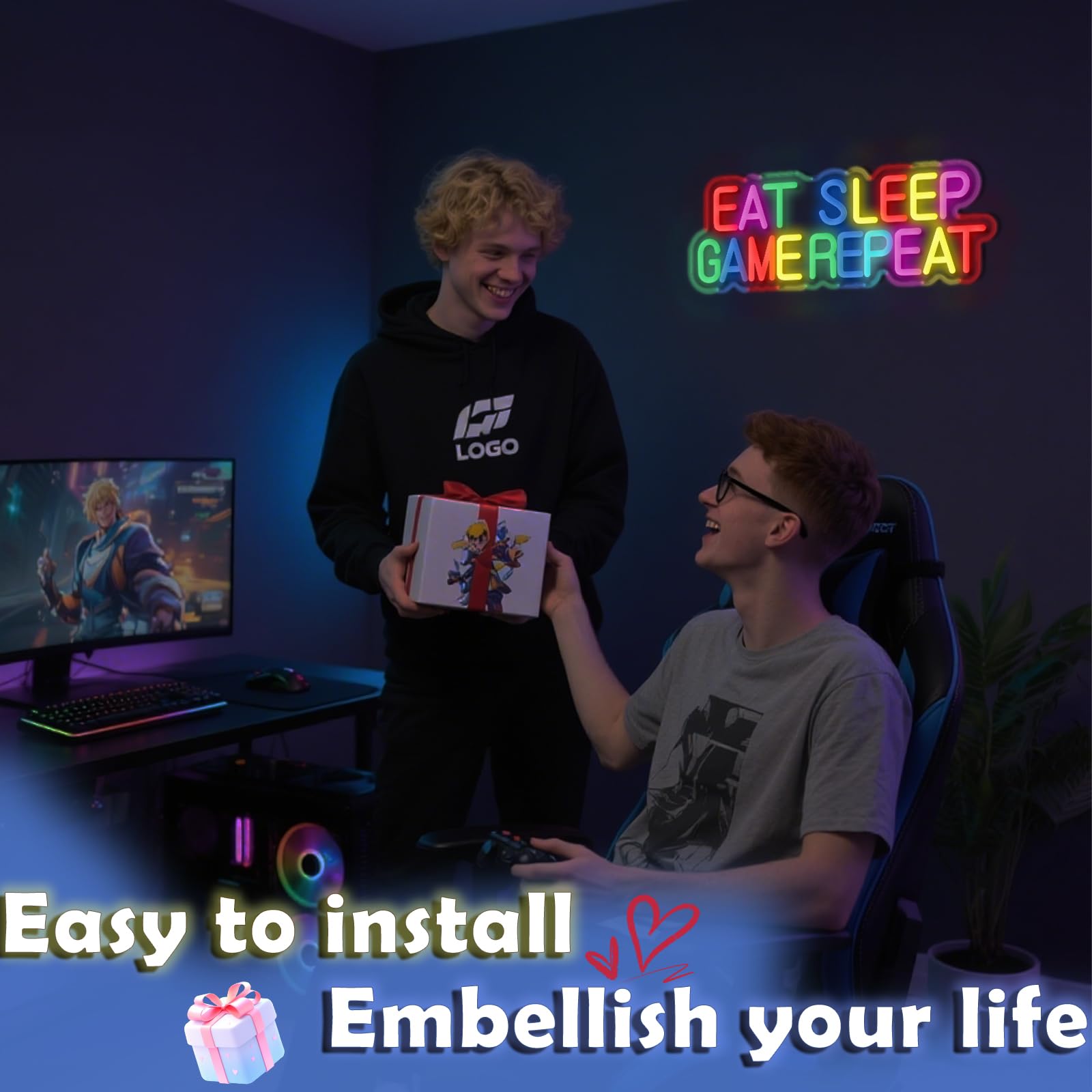 Luz de neón para jugadores, EAT SLEEP GAME REEAT, luz LED para decoración de sala de juegos, decoración de habitación de niños, luz de neón para jugadores, el mejor regalo para niños