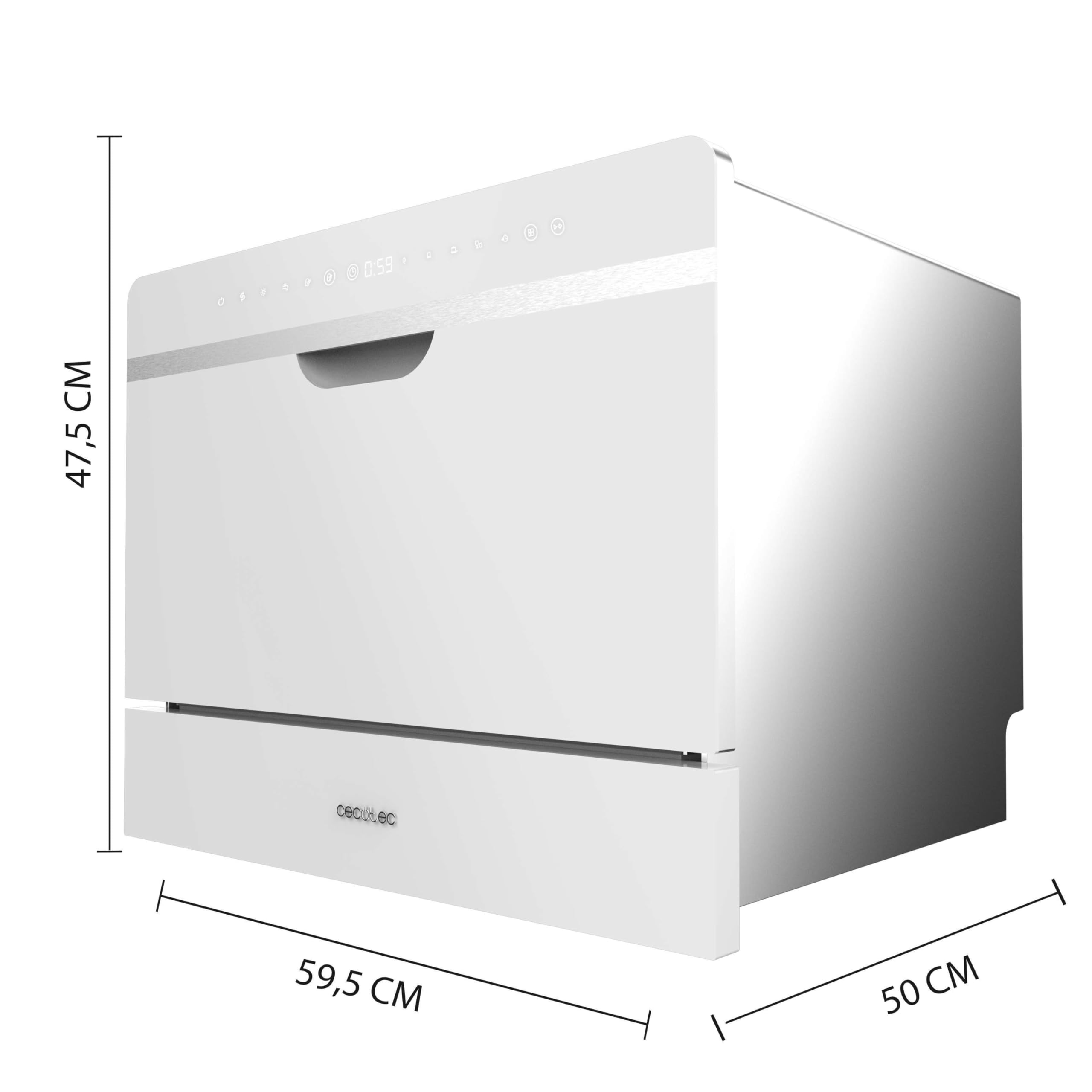 Cecotec Kompakte Teilintegrierbare Spülmaschine 6 Gedecke Bolero Aguazero 2500 S-BI Weißglas. 1380W, Weiße Glasoberfläche, Niedriger Verbrauch, 5 Programme, Touchpanel, Startzeitvorwahl