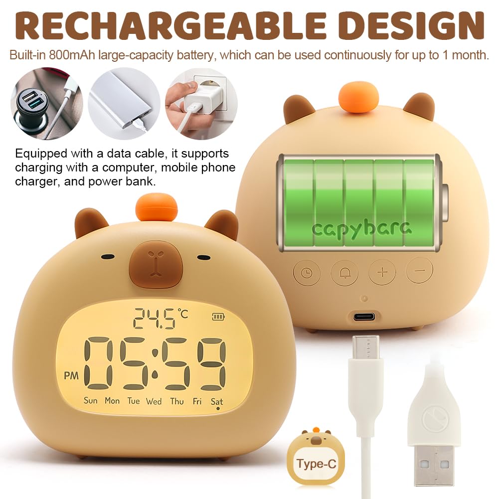Reloj despertador para niños, bonito reloj de Capybara, reloj despertador para niños, reloj despertador Capybara con atenuación de luz nocturna, entrenador de sueño para niños, regalo de