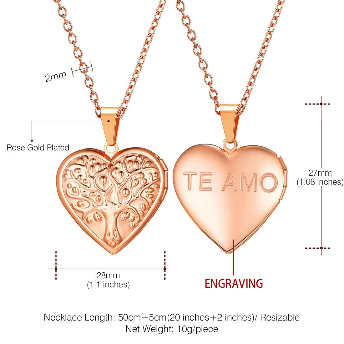 U7 Women Locket Necklace Platinum 14K Gold Photo Lockets that Hold Picture,Chain 20 Inch Personalized Gift Custom Love Heart Image Necklaces