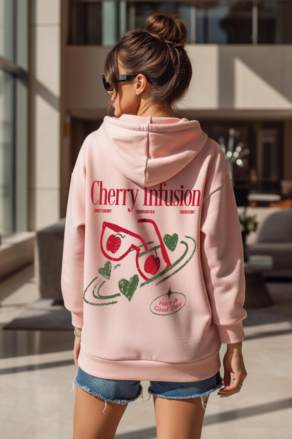 JUNEBERRY Policowo-bawełniana bluza z kapturem z długim rękawem, oversize, bluza z kapturem z długim rękawem, graficzny nadruk z kapturem dla kobiet (kolory: Marshmellow, różowy, czarno-czerwony)