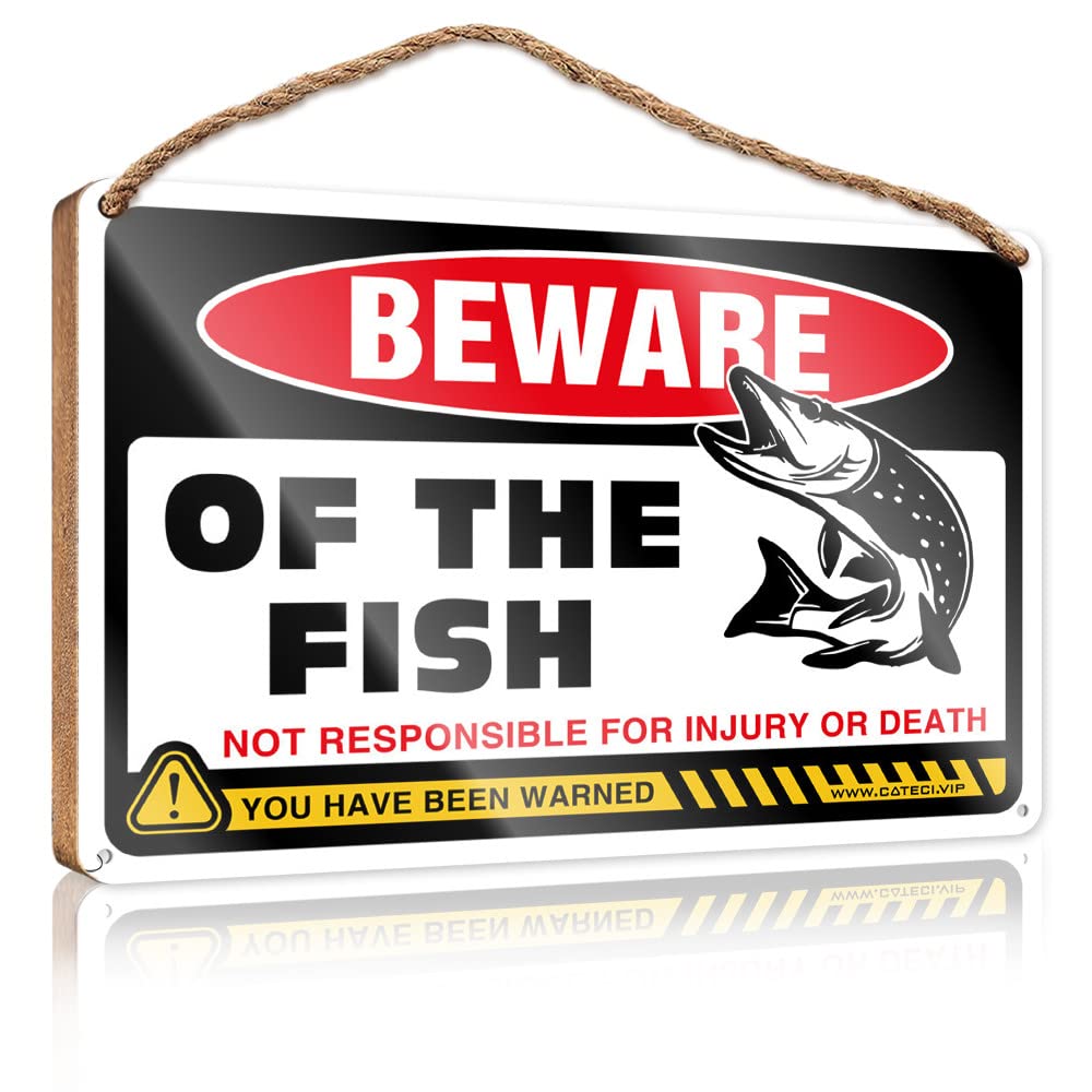 Warning Tin Sign Beware Of Fish Wooden Sign Metal Signs For Bar Man Cave Signs For Men(20X30CM)
