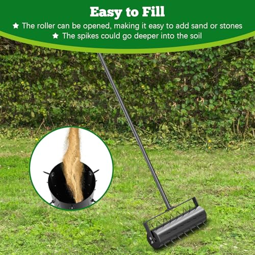 JAOGAUS Aerifizierer für Rasen, Walzentyp Rasenbelüfter, Hand Rasenlüfter mit Stiel & 5cm Nägeln & Spritzschutz, Rasenrolle Handvertikutierer für Höfe und Rasenflächen im Garten- Garten Handwerkzeuge
