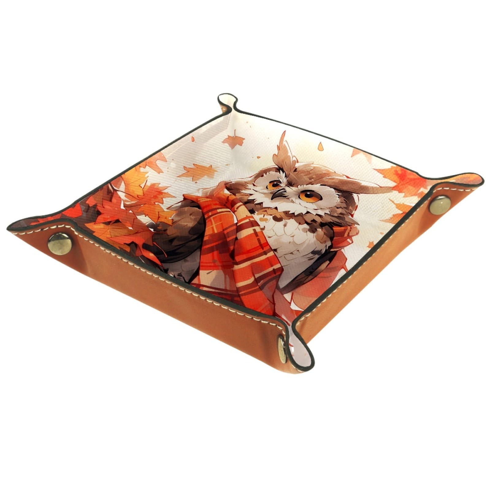 VAPOKF Maple Leaf Owl Portable Dice Rolling Tray, Microfiber Leather Dice Holder Game Box for D&D, RPG, Table Games or Desktop Phone Key Storage, 20.5 × 20.5 cm