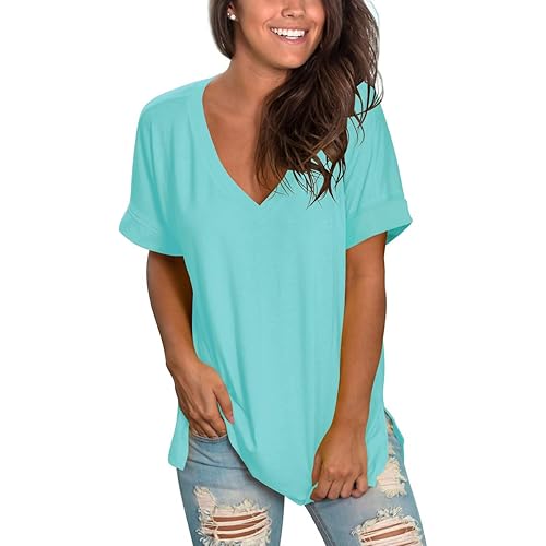 SAMPEEL Women's V Neck T Shirts Casual Rolled Short Sleeve Side Split Summer Tops Loose Fit