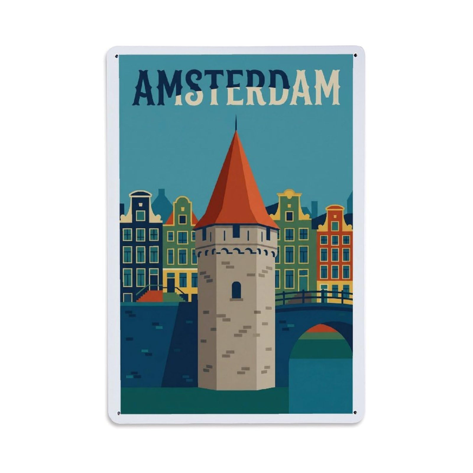 Okngb Style Turret Historic Amsterdam Vintage Architecture Tourism Metal Tin Sign Plaque Wall Decor For Cafe, Man Cave, Club Bar, Office, Home Garden Round Metal Poster 8X12inch