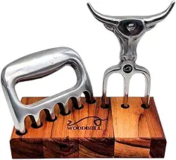 Garfo Tridente e Garra de Urso em Alumínio Premium para Churrasco e Carnes, com Base em Madeira, Ideal para Servir com Estilo e Praticidade, Perfeito para Churrasqueiros e Reuniões – WOODBULL.