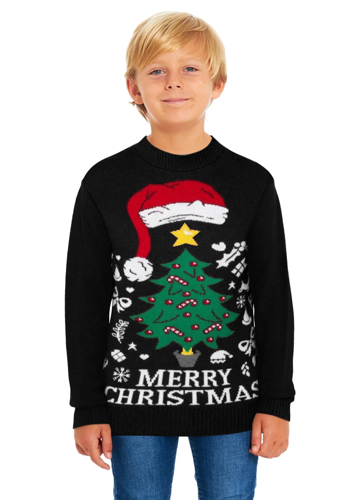 Saans247 Boys Santa Tree Black Kids Girls Kids Children Unisex Christmas Xmas Knitted Novelty Retro Elf Football Sweater