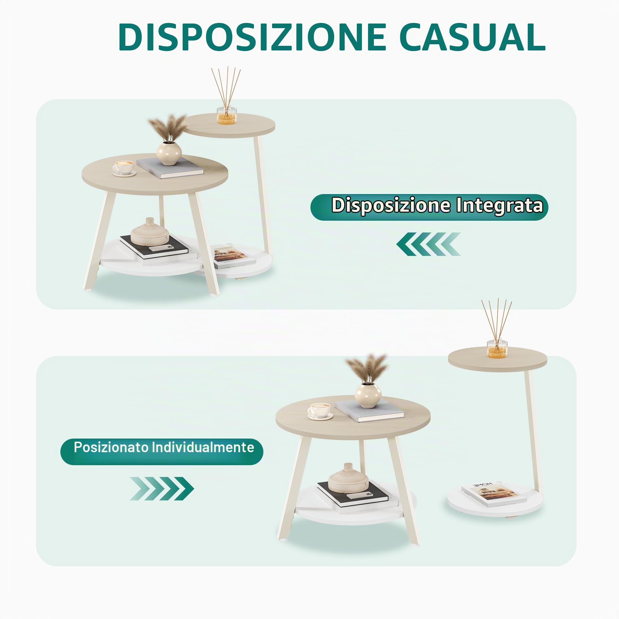 YITAHOME Set di 2 Tavolini da Salotto, Tavolini Gigognes con Tavolino Ausiliario a Forma di C, Tavolino da Divano con Spazio Contenitore per Soggiorno, Camera da Letto, Quercia Bianca