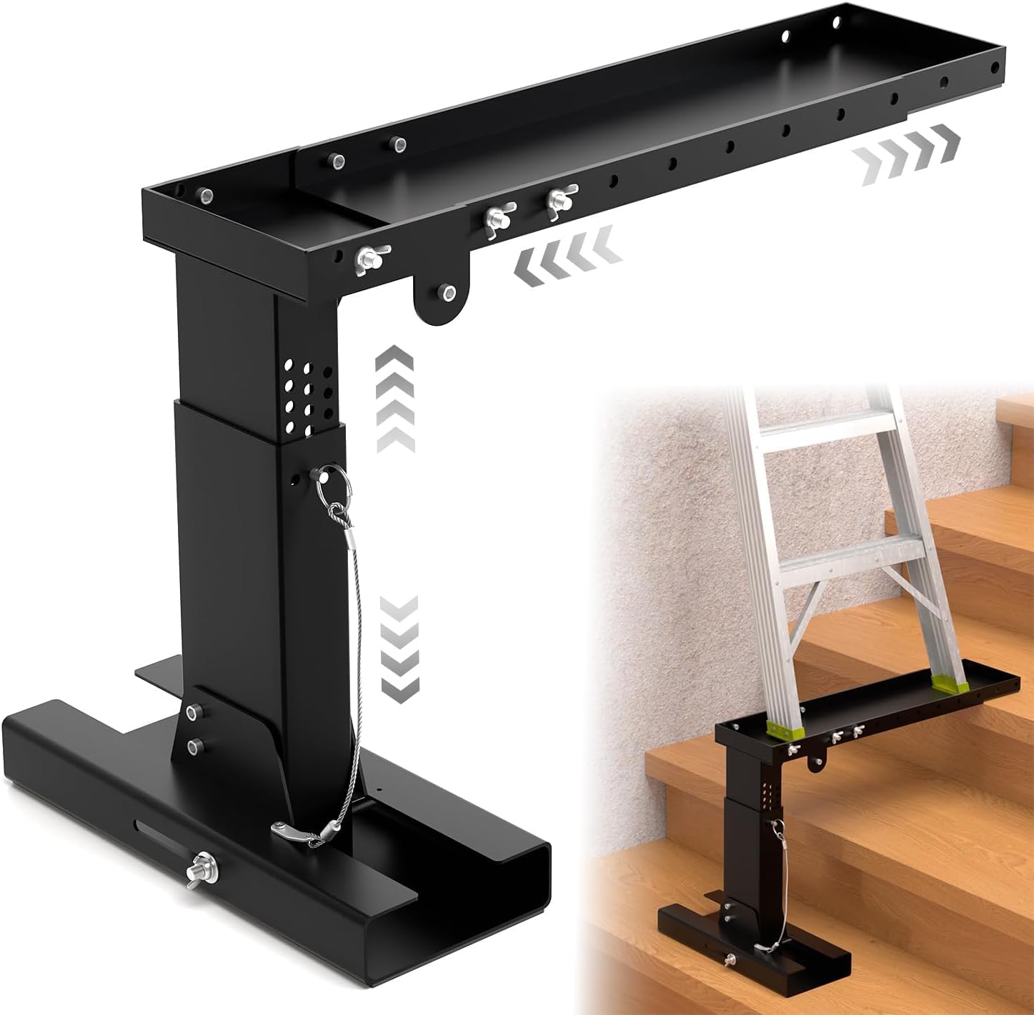 Niveleur d'Escalier, Longueur Réglable 51-75cm Hauteur 27-45cm, Stabilisateur d'Escalier pour Échelles en Acier, Niveleur Pliable de Jambe d'Escalier, Stabilisateur de Jambe Facile à Utiliser,