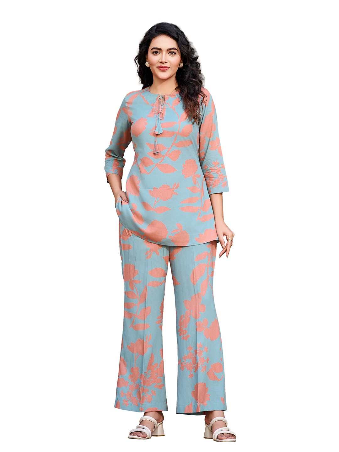 2-Piece Women's Co-ords Set - Viscose Rayon Round Neck 3/4 Sleeve Regular Fit Casual Shirt & Trousers Printed Design