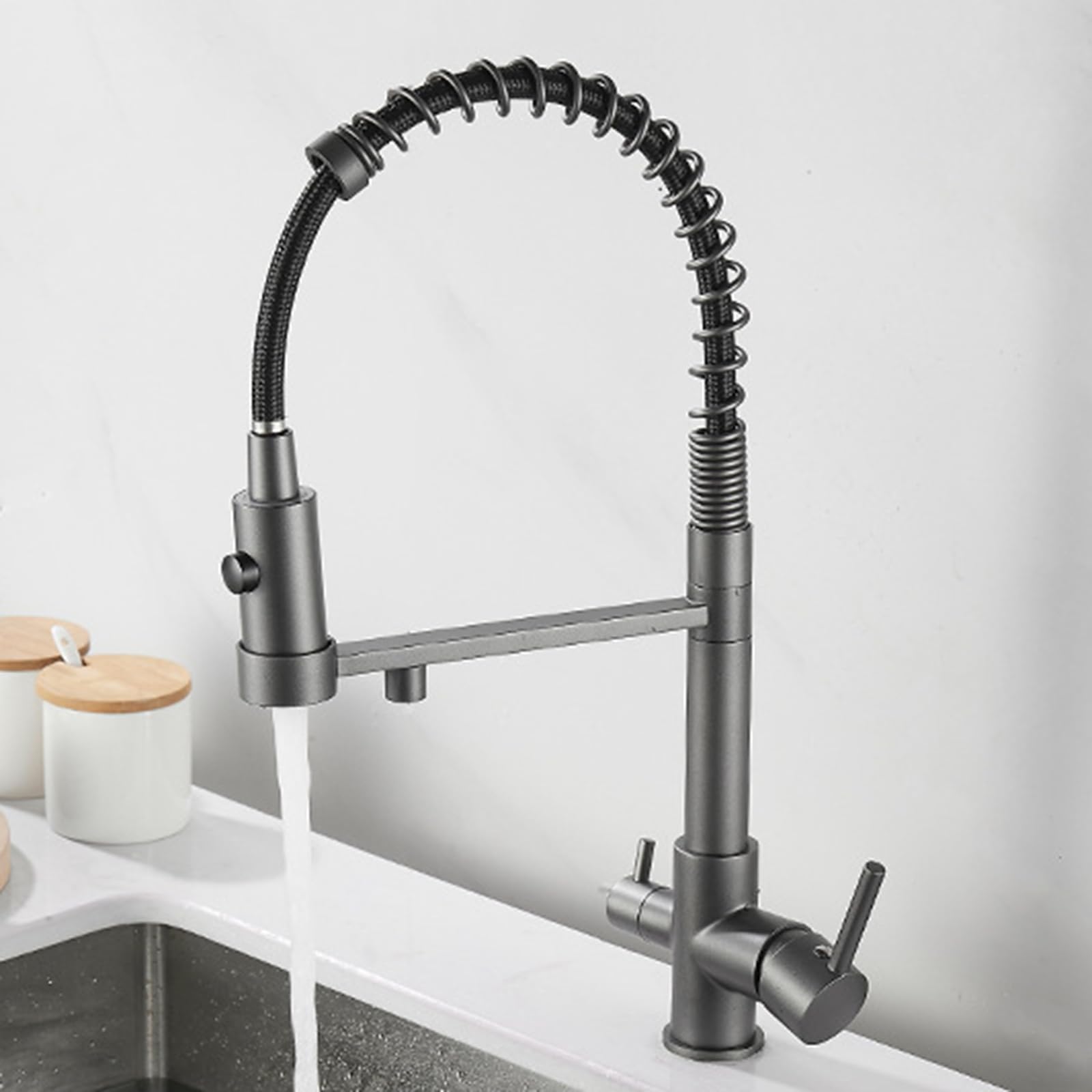 FCXWEVR 3 in 1 Kitchen Sink Tap Dual Lever Mixer Gun Gray Pull Out Filter Tap Versatile 3 Way Kitchen Faucet for Easy Water Control and Efficient Filtration