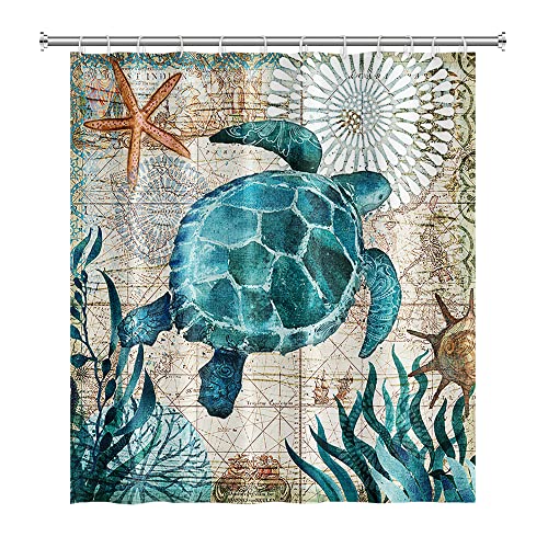 SDOTPMT 122x183cm Mer Tortue Rideau de Douche Étoile de mer Algue Océan Nautique Rideau de Bain sous-Marin Monde Marin Animal Rideau de Baignoire pour Enfants Salle Bains Polyester avec Crochets