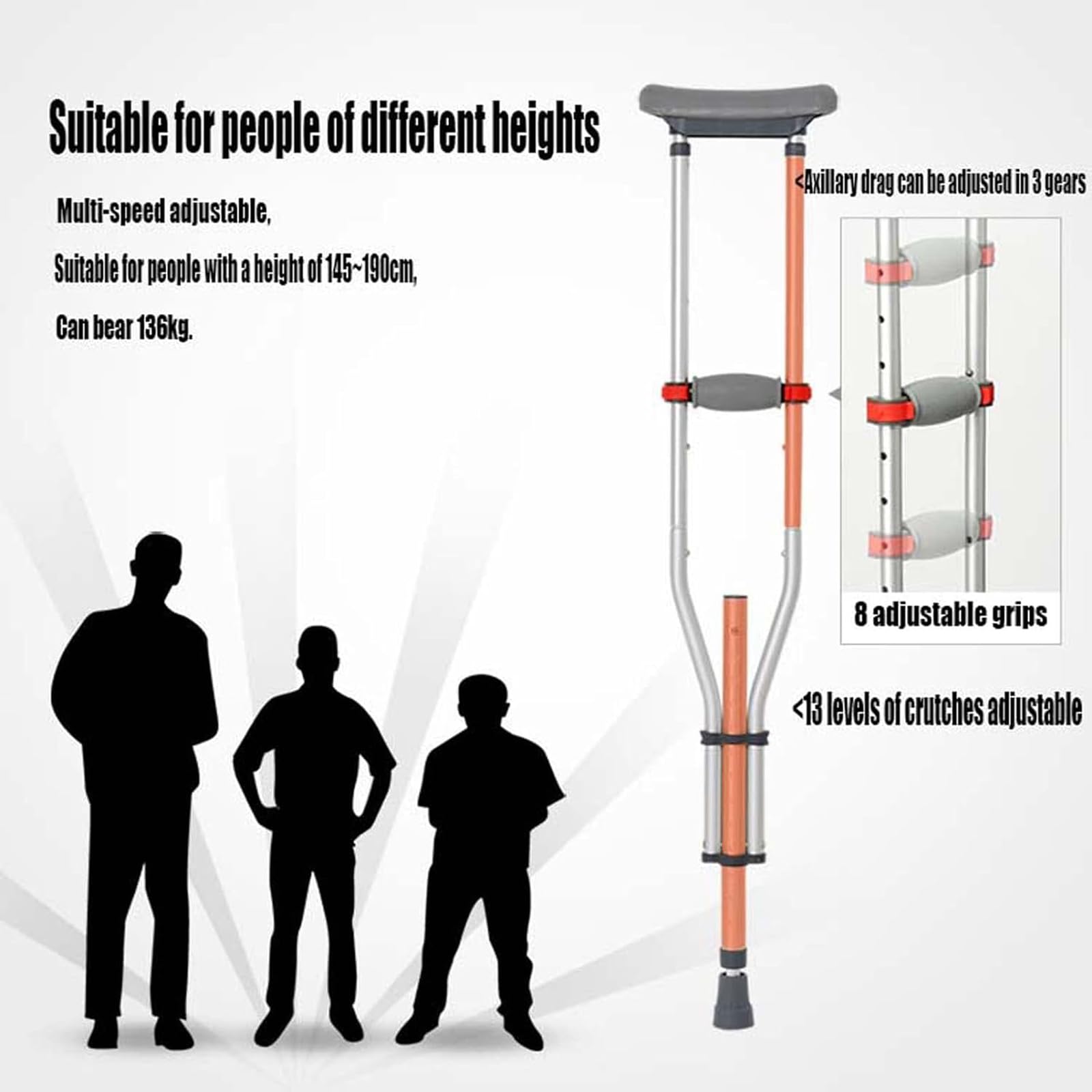 Stampelle sotto le ascelle per adulti, stampelle in alluminio leggero, ideali per viaggi o lavoro, altezza regolabile per bambini o adulti
