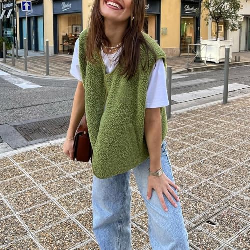 Women Fuzzy Fleece Sleeveless Vest Fall Winter Snap Button Up Warm Outerwear V Neck Trendy Casual Solid Cardigan4