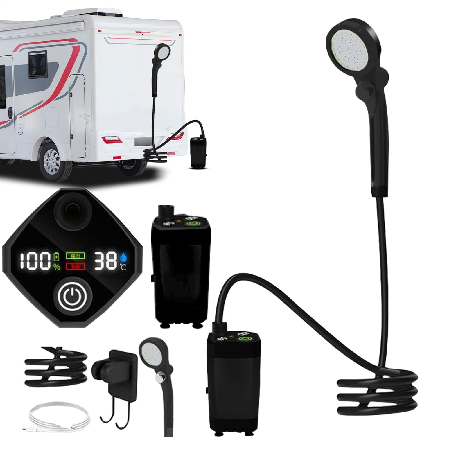 Douche de camping portable Rechargeable 3 Modes de Étanche | Douche de plage avec affichage LED Pompe Camping Extérieur, Plage, Randonnée, Trekking, Lavage Voiture, Bain Animal, Jardin