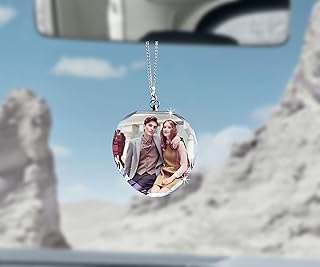 Custom Personalized Crystal Car Rear View Mirror Hanging Ornament with Photo - Custom Picture Car Ornament Pendant Decor Memorial Gifts for Lover, Party/Birthday/Holiday(Heart Shape)