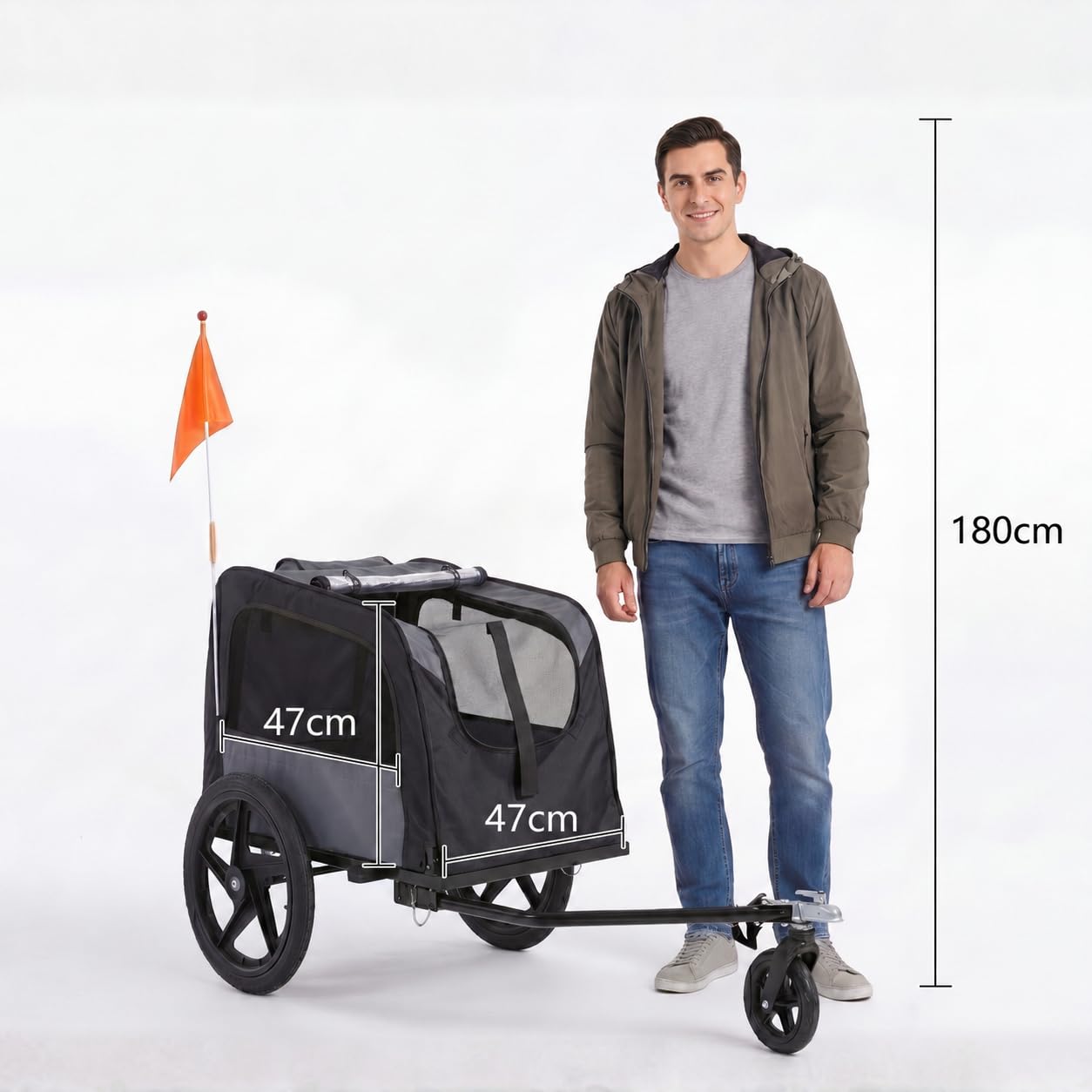 Remolque de bicicleta para perro 2 en 1 plegable con función de cochecito, carrito para perros pequeños, ventilación, cinturón de seguridad, reflectores, carga máx. 30 kg, negro y gris