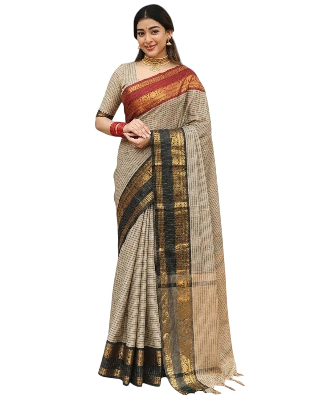 Handloom Cotton Silk Saree, Beige with Black and Gold Zari Border, Striped, South Indian Style-picture-31