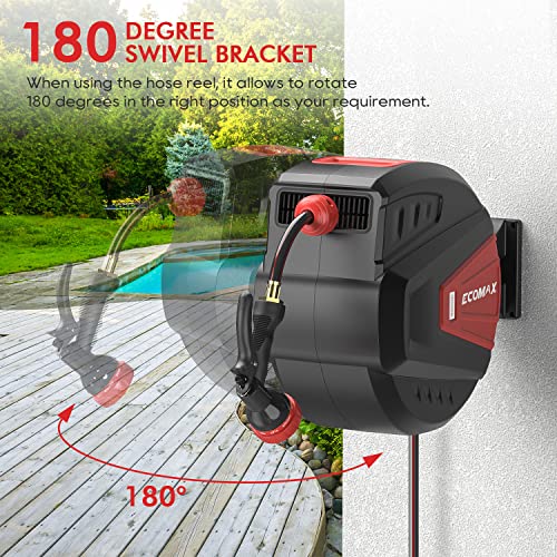 Ecomax Elg01 1/2In. X 100Ft Garden Hose Reel, Retractable Reel Storage With Any Length Lock, Slow Return System, 9 Patterns Adjustable, Wall-Mounted & 180° Swivel Bracket For Watering, Black & Red #TOP3