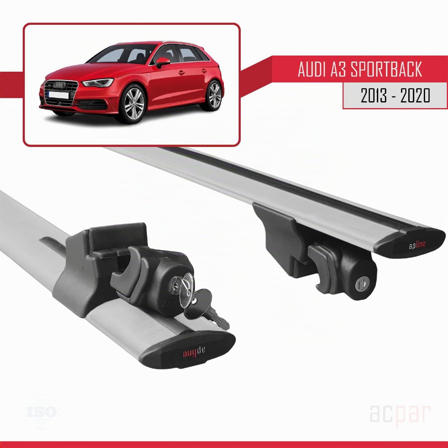 Compatibile con Audi A3 Sportback (8V) 2013-2020 Modello HOOK Barre Tetto Portapacchi Auto Barre Portatutto Grigio Alluminio 2 Barre