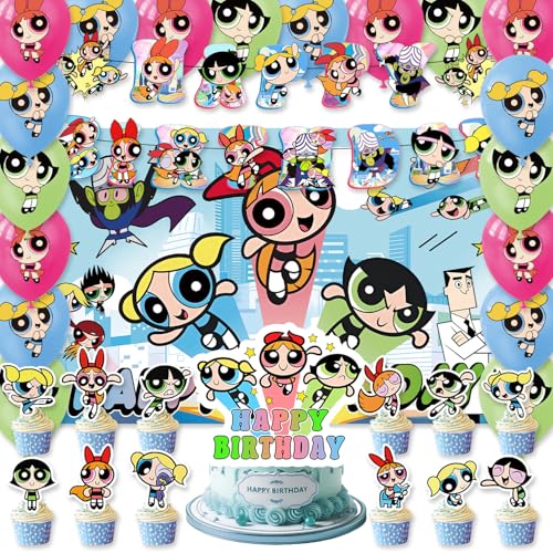 42pcs Power Girls Party Supplies Pack IncludesBannerCake TopperBlackdrop Balloons for Power Girls party supplies