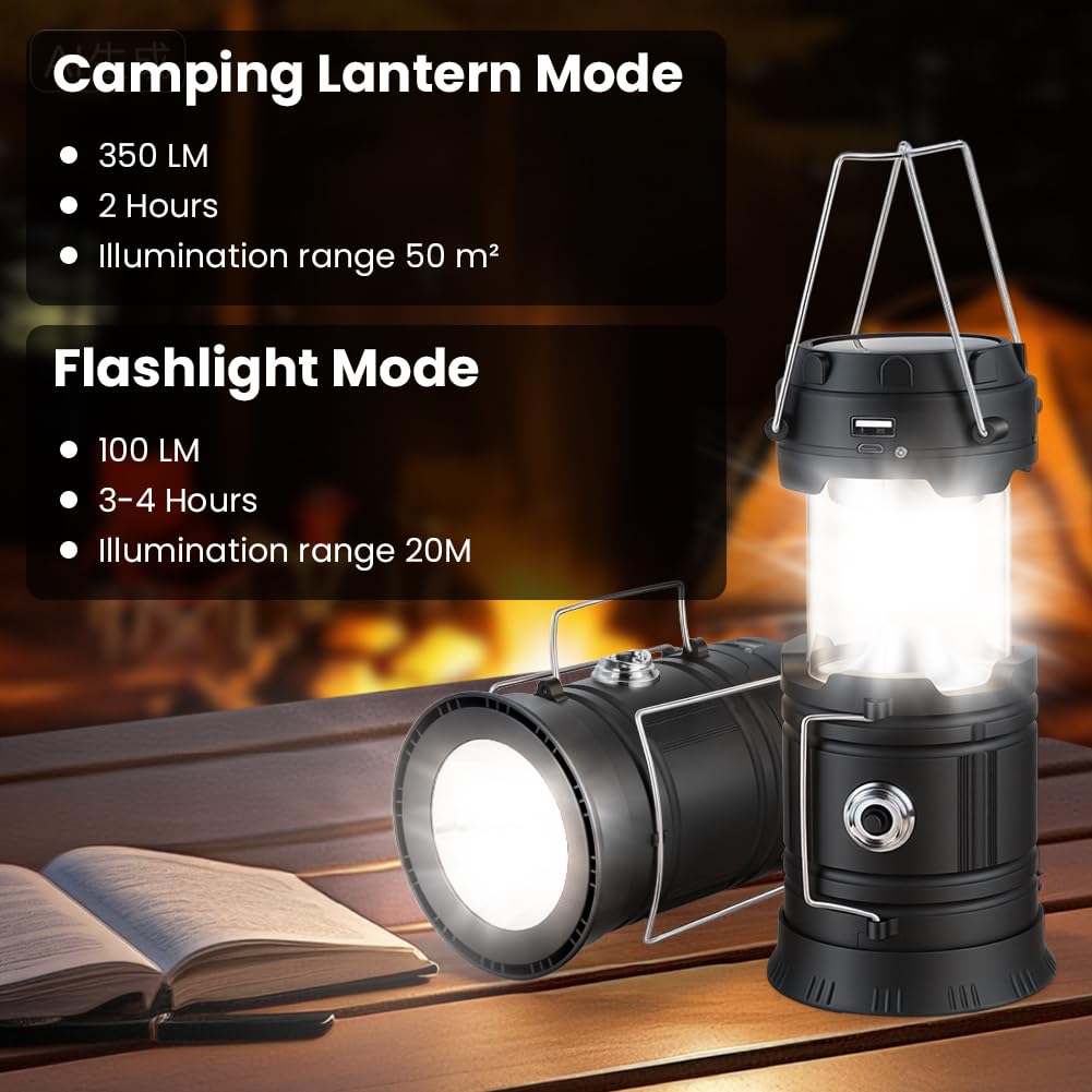 HOTUT LED Campinglampe Solar, Aufladbar Camping Laterne, Faltbare Wasserdicht Camping Licht mit Haken, USB und Solar Laden Notfallleuchte für Wandern, Angeln, SOS, Ausfälle