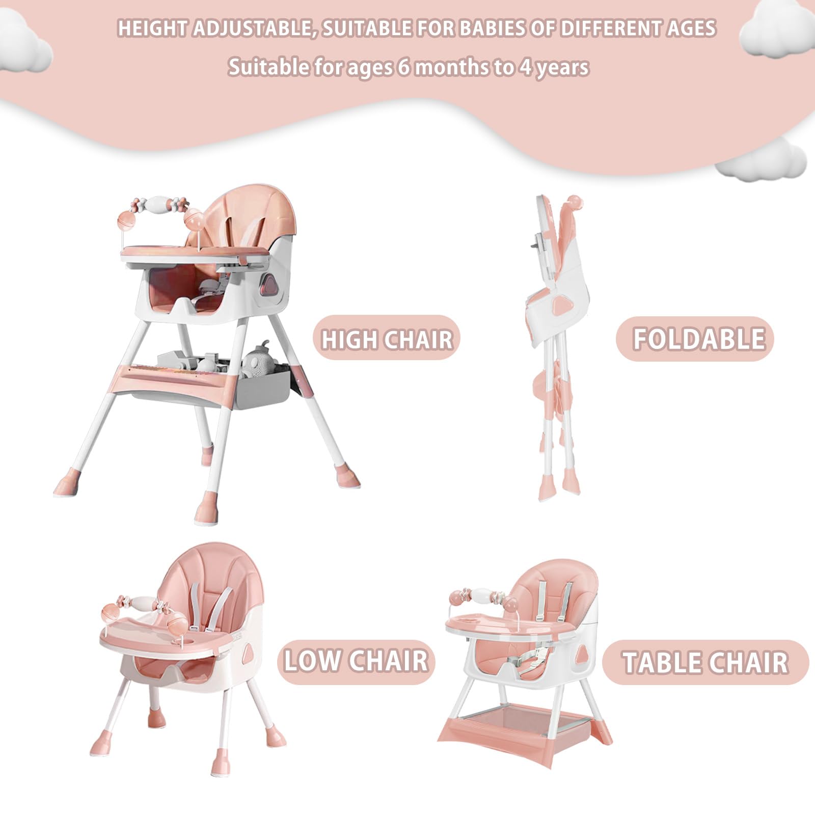 UBRAVOO Trona Bebé 3 en 1, Silla de Comedor Portátil Convertible con Arnés de 5 Puntos, Doble Bandeja para Comida y Estantes para Juguetes (rosa-03)