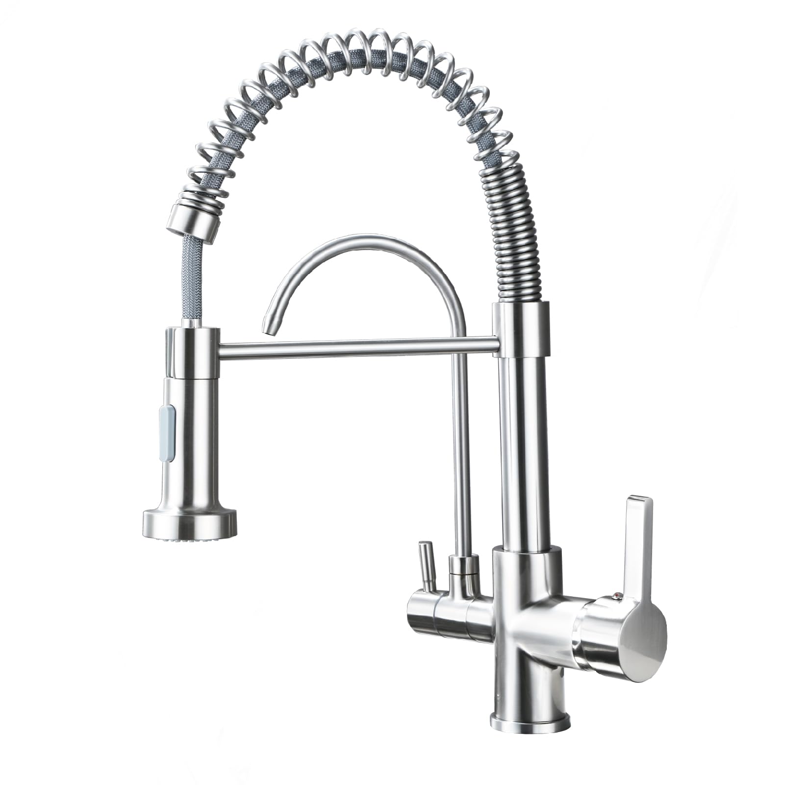 Kitchen Sink Faucet with Sprayer 2 Handle 3 in 1 Water Filter Purifier Spring Drinking Water Faucets, Brass Drinking Water Faucet Reverse Osmosis Faucet,Brushed Nickel