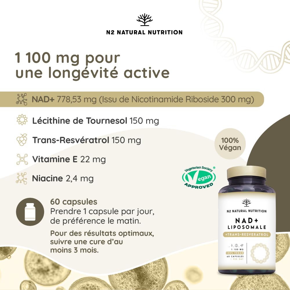 NAD+ Trans Resveratrol 1100 mg. Formule Liposomale avec Nicotinamide Riboside, Niacine et Vitamine E. Boost Métabolisme, Anti-Âge et Réparation Cellulaire. N2 Natural Nutrition