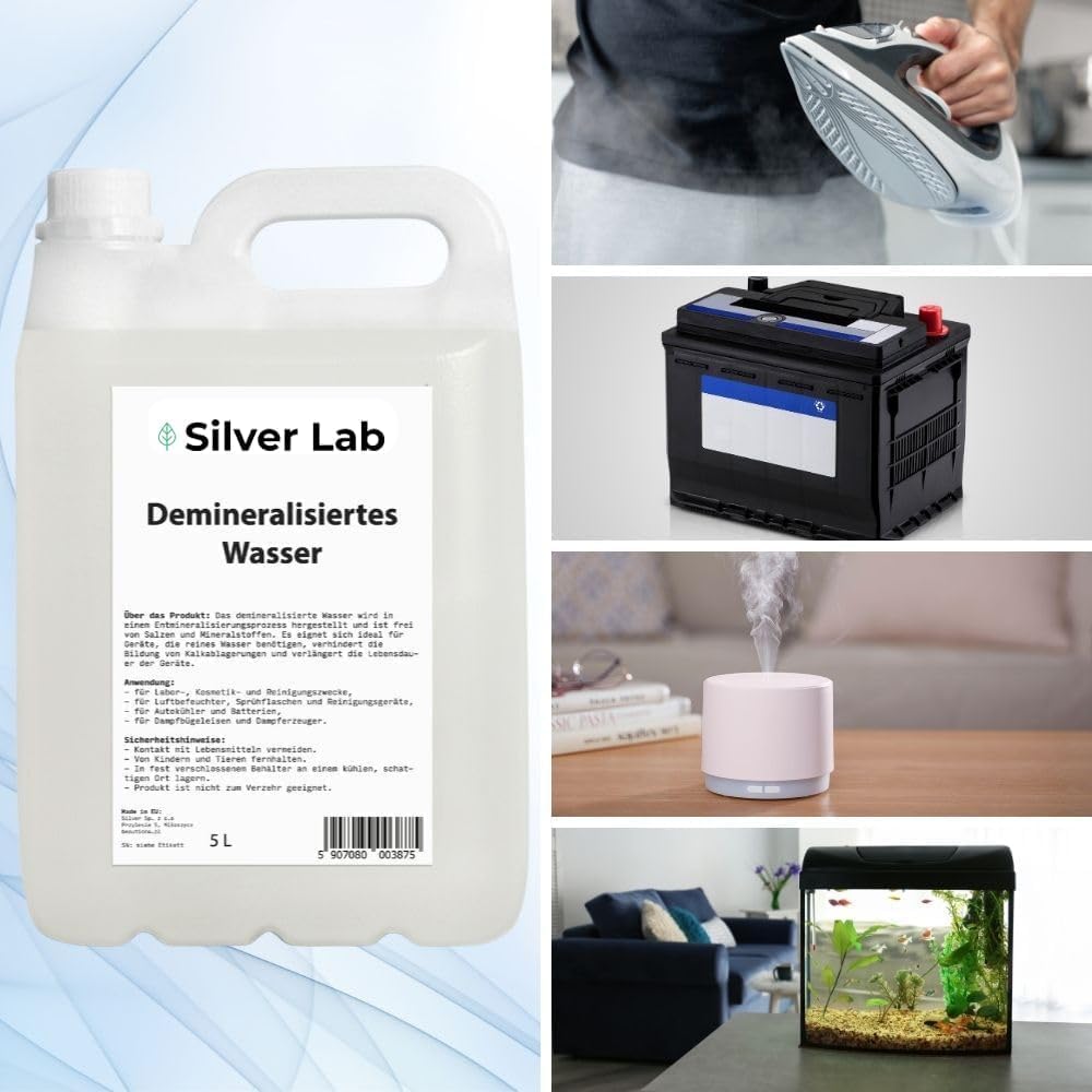 Eau déminéralisée 4×5L (20L) – Eau distillée/eau déionisée selon VDE 0510 – Sans calcaire, haute pureté – Pour auto, fer à repasser, humidificateur, aquarium