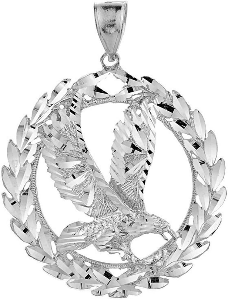 Animal Kingdom .925 Sterling Silver 2-1/3" Patriotic USA American Eagle with Olive Wreath Peace Round Pendant Necklace - Choice of Chain Length
