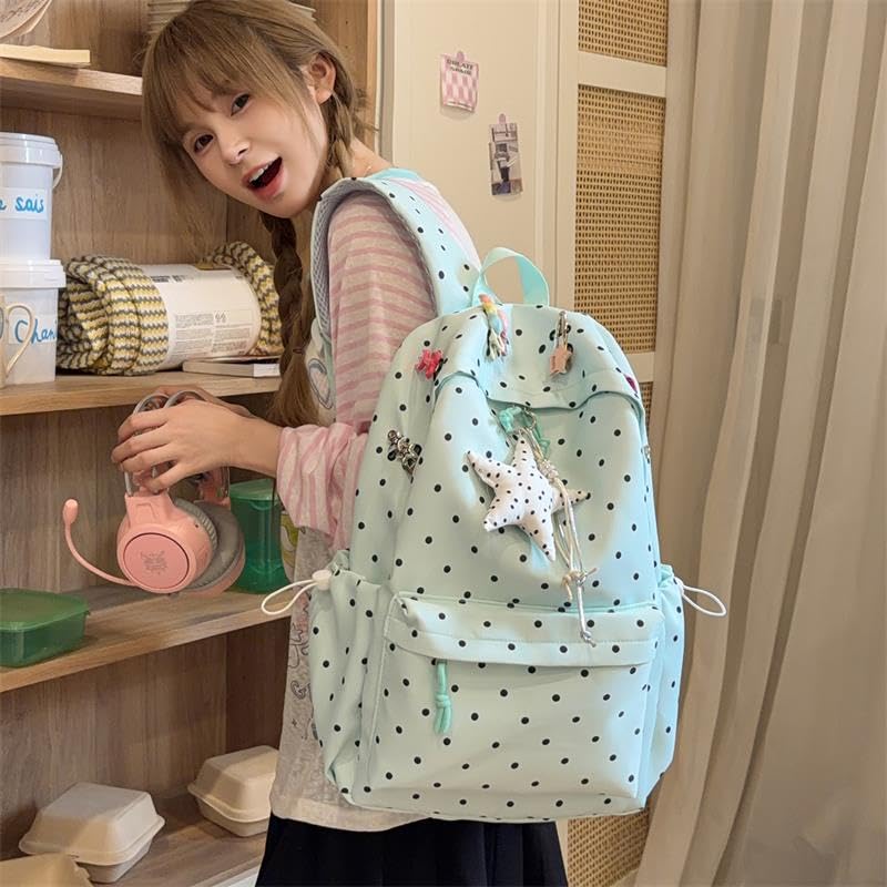 Zaino a pois da donna in nylon capiente (verde 290×430×140)