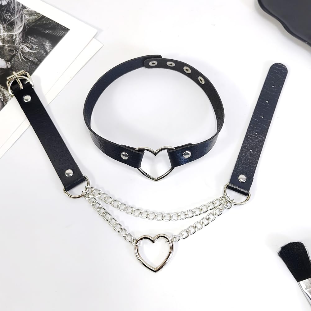Damski naszyjnik w gotyckim stylu, punk, 2-częściowy, czarny, skóra PU i stop, 33-40 cm, łańcuszek metalowy i skórzany, haczyk S lub zatrzask, Fashion Jewelry