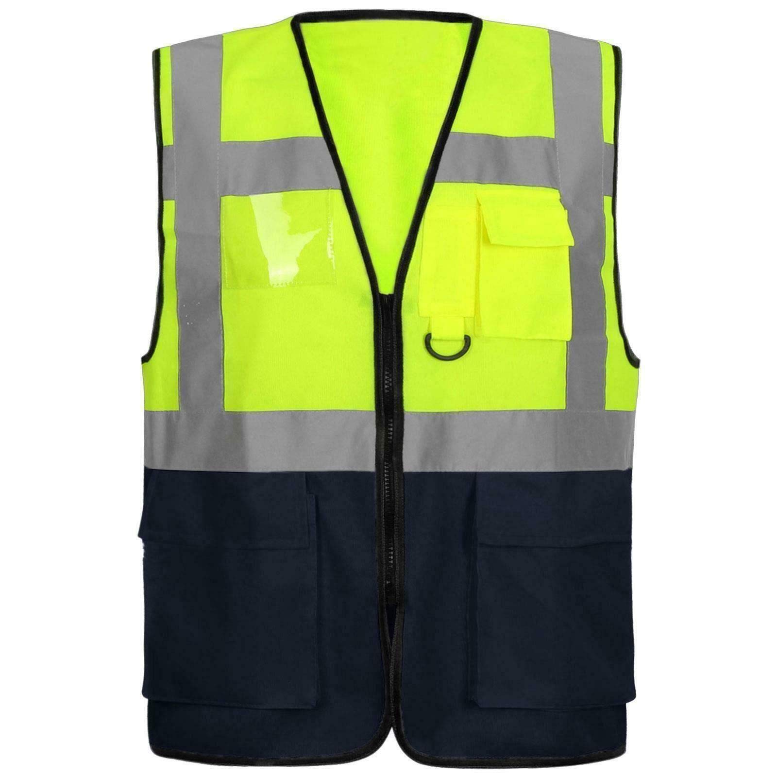GA COMMUNICATIONS HIGH VIS VIZ VISIBILITY VEST WORK FRONT ZIP UP FASTENING WAISTCOAT ID POCKETS REFLECTIVE TAPE SAFETY SECURITY TOPS[Yellow/Navy,4XL]