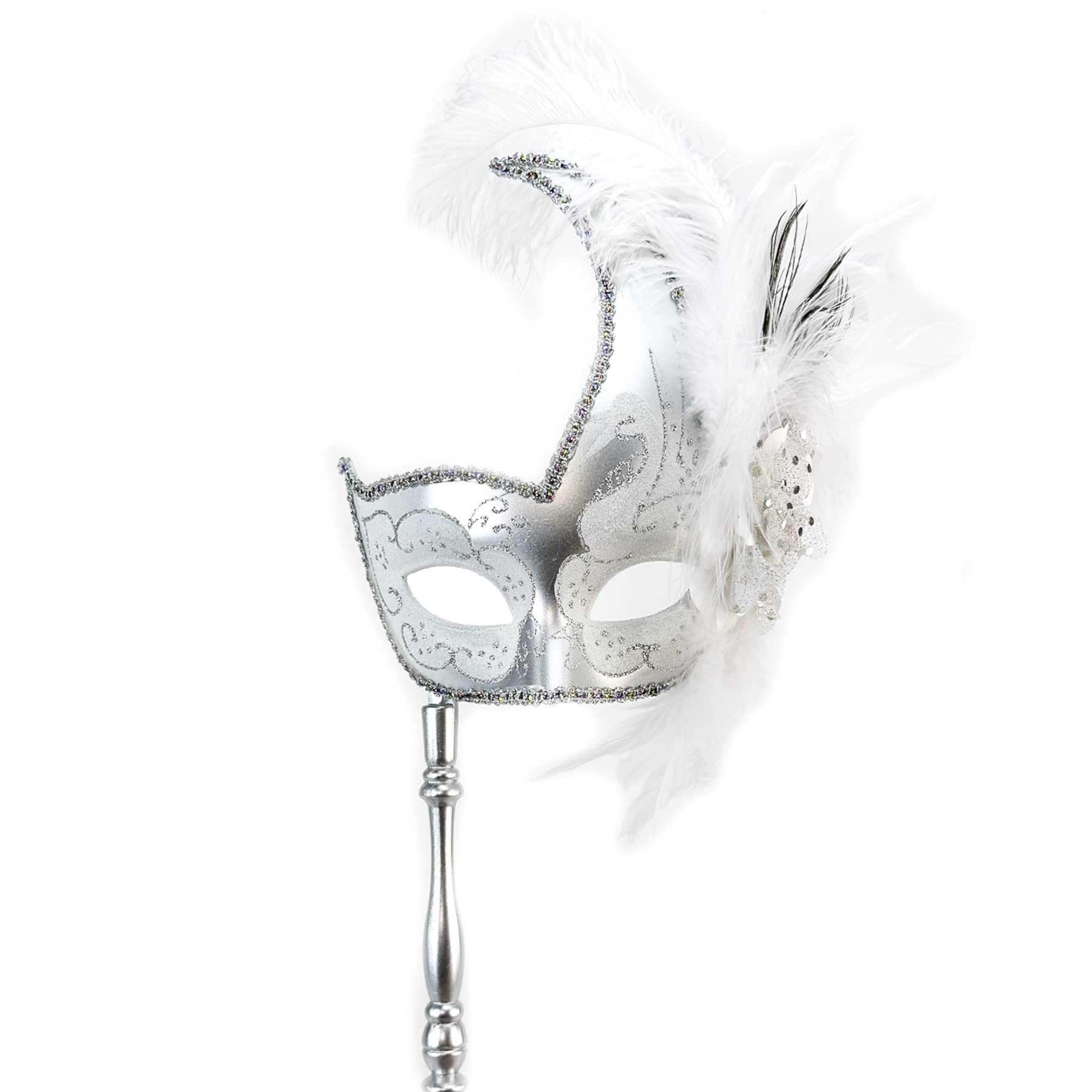 Holding Stick Feather Masquerade Mask with Stick Mardi Gras Lace Masks for Women Costume Peacock Feather Masks Venetian Mask