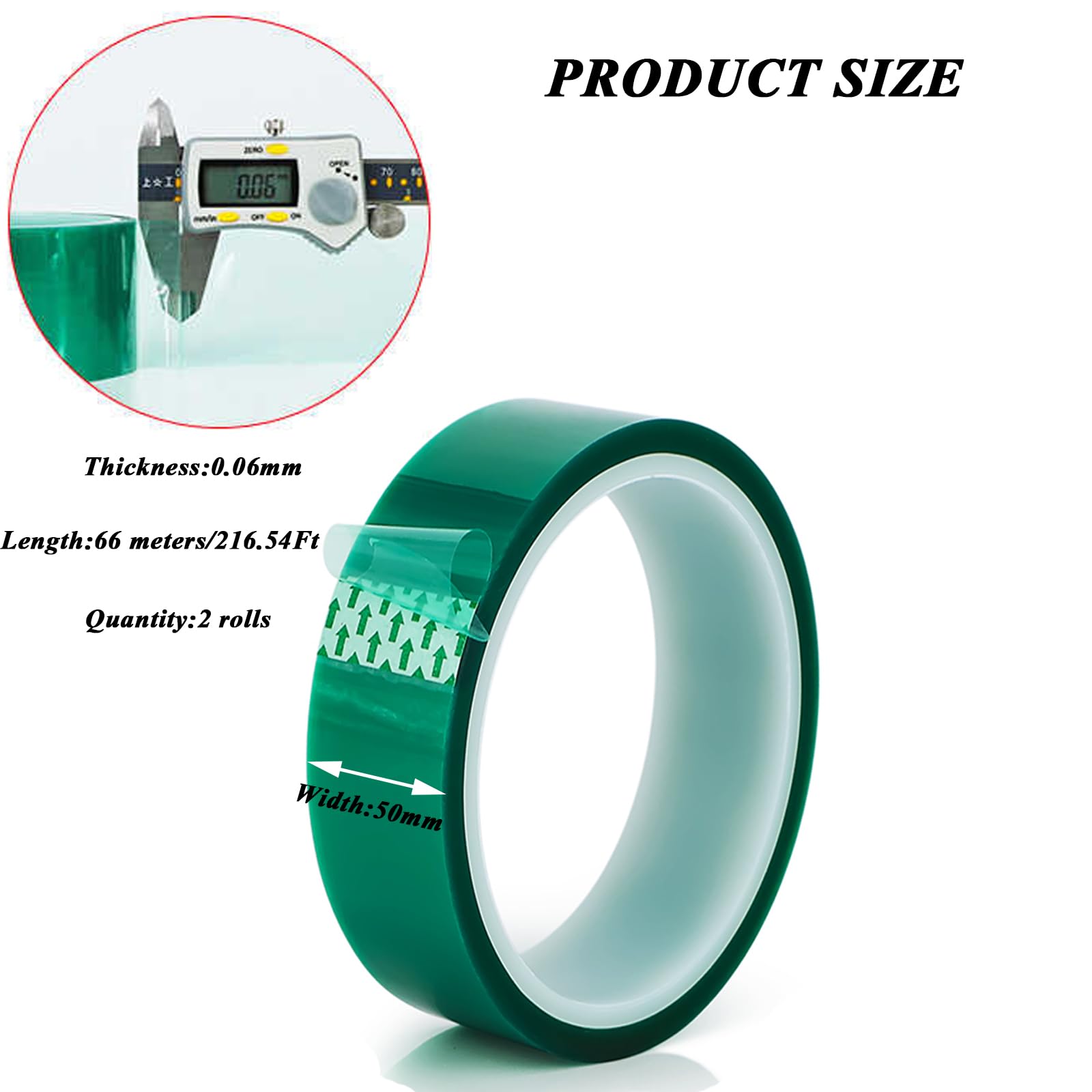 2 Rollen mit 0,06 mm dickem 10 mm-60 mm PET grünem hochtemperaturbeständigem Klebeband mit Einer Länge von 66 Metern / 216,54 Fuß säure- und alkalibeständigem Schutzband,50mm