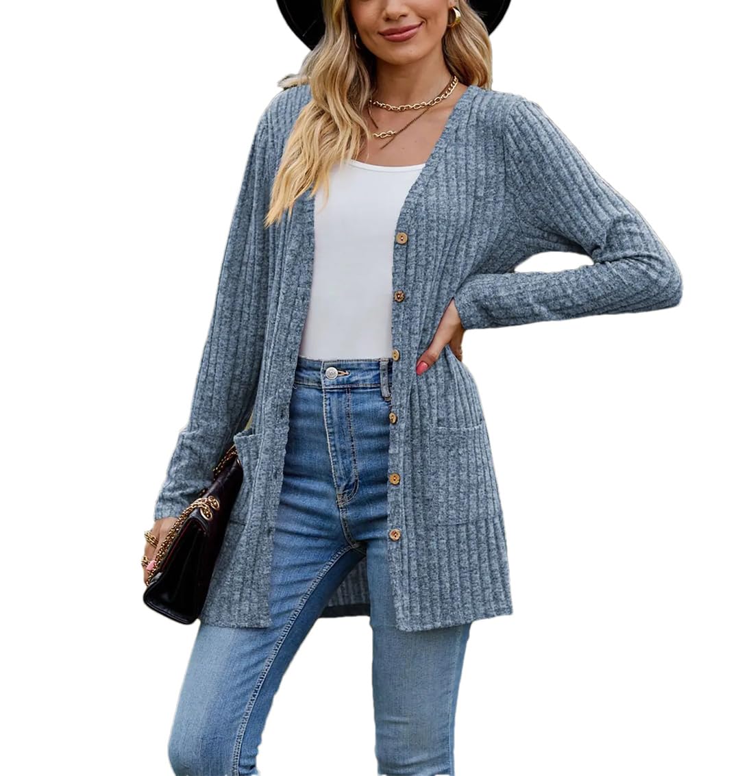 Chaqueta de punto de otoño para mujer, manga larga, a rayas, color sólido, botones para ropa de mujer de moda