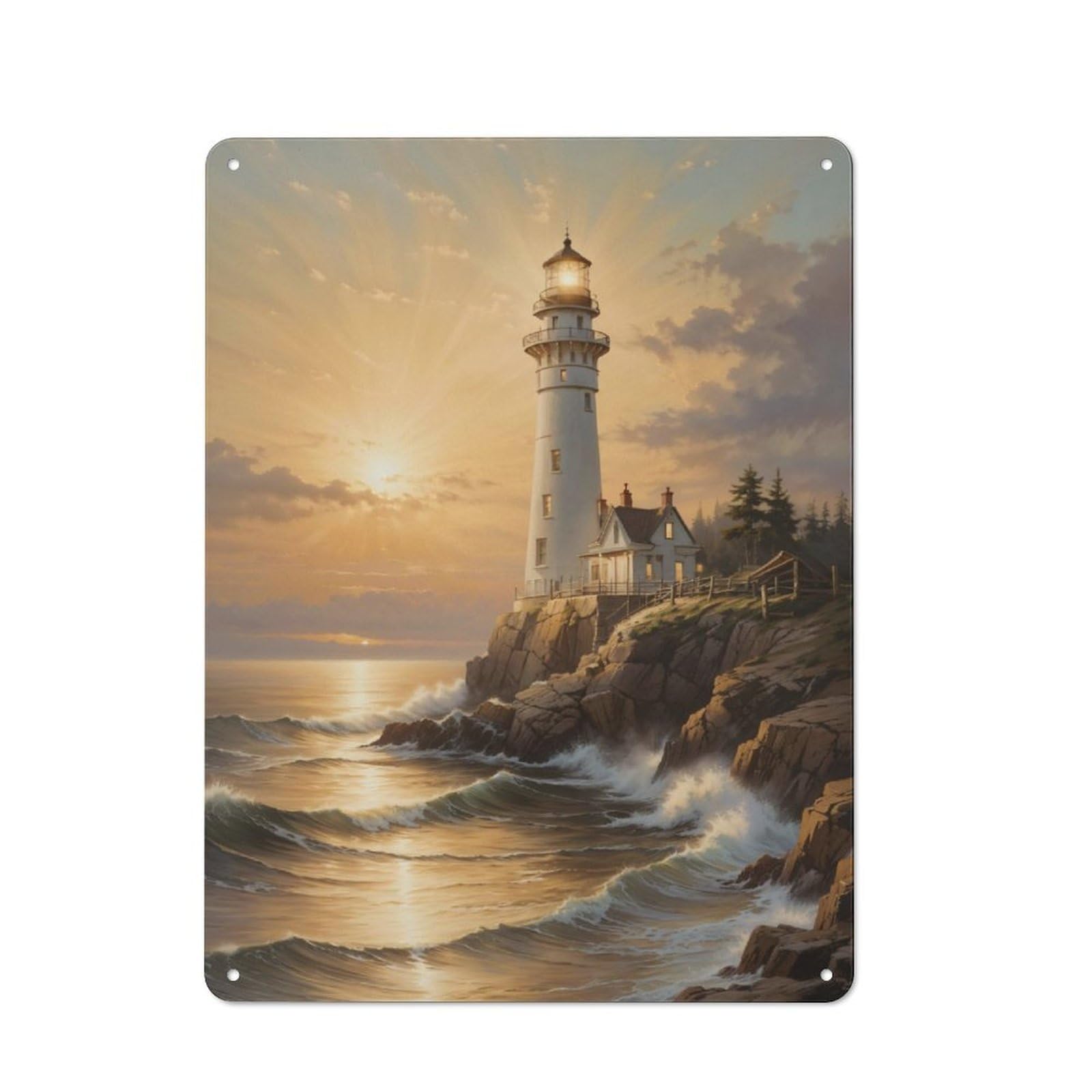 Junmoney Majestic Gold Lighthouse Rustic Metal Plaque 40X30cm For Guest Room Or Hallway, For Home Interiors, Feature Walls And Decorative Displays