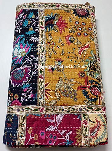 Cobija reversible con estampado floral Mullti de tamaño Queen/Twin/King Mullti con estampado floral menos Mukut, colcha india Kantha con costuras étnicas, colcha bohemia con estampado floral Kantha